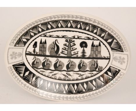 Robert 'Scottie' Wilson - Royal Worcester - An oval plate decorated in the Birds and Fishes design with a stylised silhouette