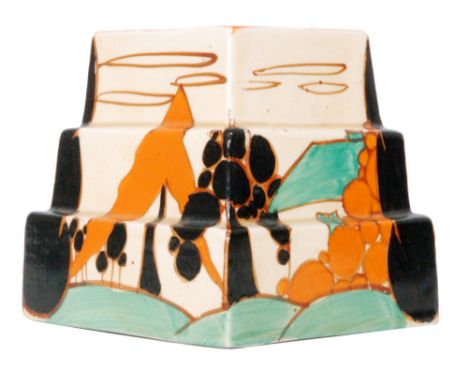 Clarice Cliff - Orange Trees & House - A Ziggurat shape candlestick circa 1929/30 painted with a stylised tree and cottage la