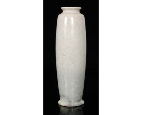 Ruskin Pottery - A high fired rolling pin vase decorated in a dove grey with a small patch of crimson red speckling, impresse