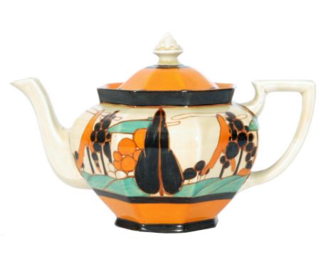 Clarice Cliff - Orange Trees & House - A large Athens shape teapot circa 1929 hand painted with a stylised tree and cottage l