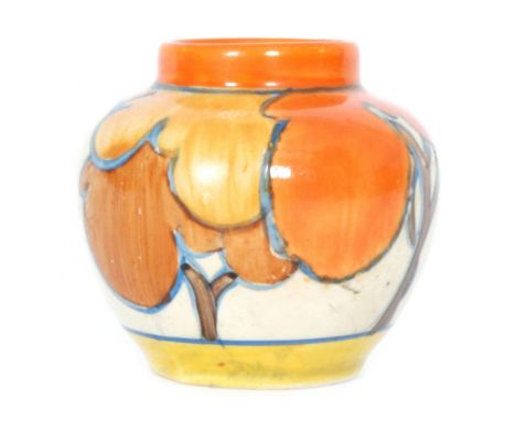 Clarice Cliff - Orange Autumn - A shape 177 miniature vase circa 1930 hand painted with a stylised tree landscape with yellow