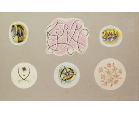 Robert Ellis Williams for J & G Meakin - A framed sketchbook page with six individual gouache and ink abstract and floral des