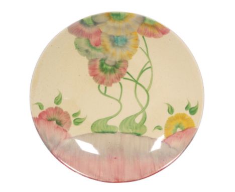 Clarice Cliff - Pink Pearls - A circular dish form plate circa 1936 hand painted with a stylised tree landscape in tonal pink