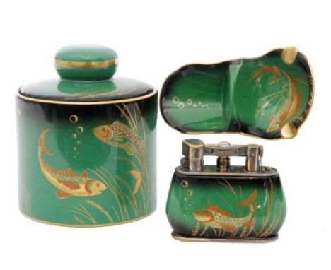 Carlton Ware - Dunhill - A 1930s smokers set decorated in the River Fish pattern comprising a lighter, ashtray and tobacco ja