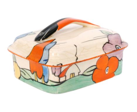 Clarice Cliff - Poplar - A Sardine box and cover circa 1932 hand painted with a stylised tree and cottage landscape, Bizarre 