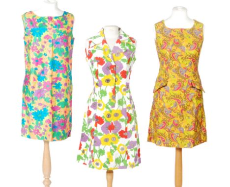 Unknown - Three 1960s lady's vintage dresses, the first a sleeveless dress in a yellow, red and purple poppy pattern with but