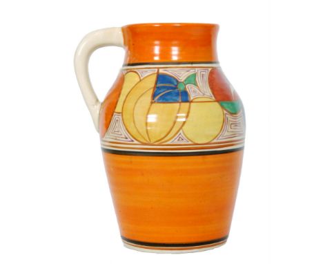 Clarice Cliff - Melon - A single handled Lotus jug circa 1929 hand painted with a band of abstract fruit between orange, brow