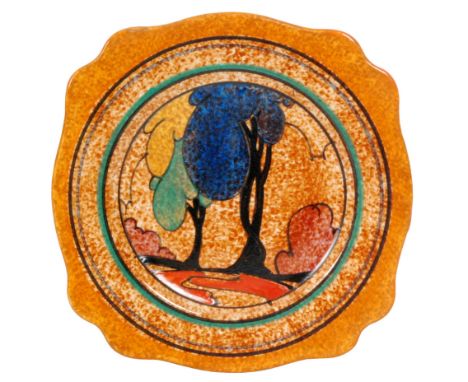 Clarice Cliff - Blue Autumn - Cafe au Lait - A small Leda side plate circa 1931 hand painted with a stylised tree landscape w