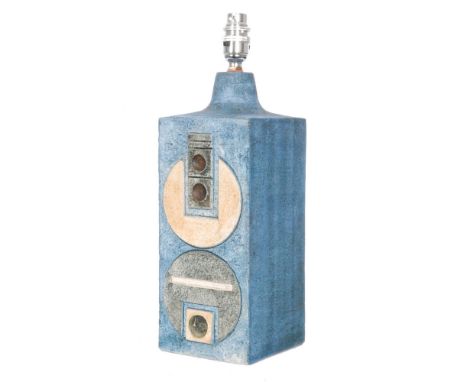 Sue Lowe - Troika Pottery - A rectangular lamp base decorated with two textured abstract panels with blue painted sides, pain