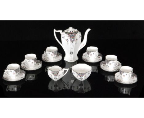 Shelley - An Art Deco Queen Anne shape coffee set comprising coffee pot, six cans, six saucers, milk jug and a sugar bowl all