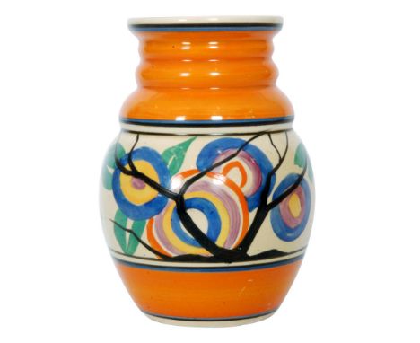 Clarice Cliff - RAF or Circle Tree - A shape 358 vase circa 1929 hand painted with an abstract tree between black, blue and o