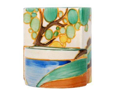 Clarice Cliff - Secrets - A shape 463 cigarette and match holder circa 1933 hand painted with a stylised tree and cottage lan