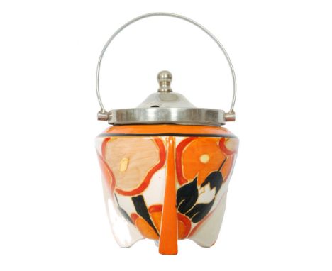 Clarice Cliff - Orange Chintz - A shape 478 preserve pot circa 1932 hand painted with stylised flowers and foliage with orang