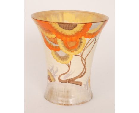 Clarice Cliff - Rhodanthe - A large shape 602 vase circa 1934 hand painted with a stylised tree landscape in tonal brown and 