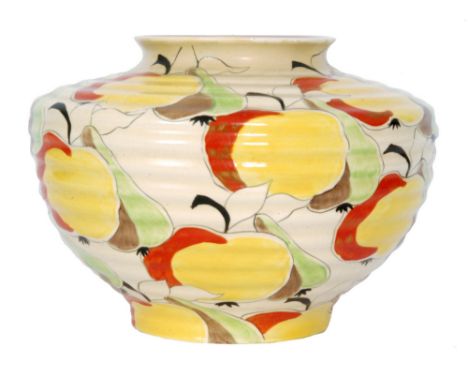 Clarice Cliff - Eating Apples - A shape 356 Kidney vase circa 1935 hand painted with apples and pears over a Latona type grou