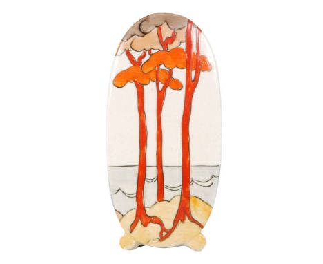 Clarice Cliff - Coral Firs - A Bon Jour shape sugar sifter circa 1933 hand painted with a stylised coastal landscape with tre
