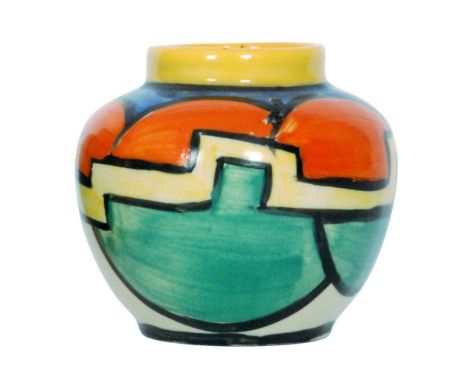 Clarice Cliff - Castellated Circle - A shape 177 miniature vase circa 1929 hand painted with an abstract semi-circle and step