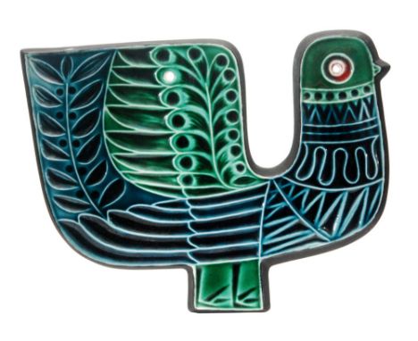 Robert Jefferson - Poole Pottery - A 1960s plaque formed as a stylised bird glazed in tones of green, printed mark, length 19