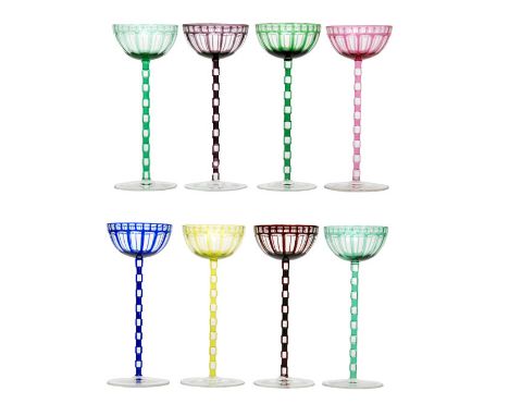 Otto Prutscher - Meyr's Neffe - A set of eight stemmed wine glasses in a range of colours to comprise one deep blue, one citr