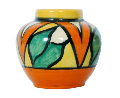 Clarice Cliff - Double V variant - A shape 177 miniature vase circa 1929 hand painted with an abstract V and leaf design with