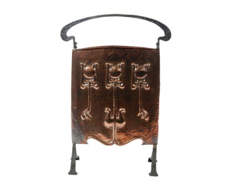 Unknown - A copper and wrought iron firescreen, the central copper panel detailed with three stylised seed pods within a whip