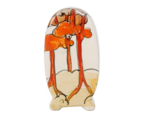 Clarice Cliff - Coral Firs - A Bon Jour shape pepper pot circa 1933 hand painted with a stylised coastal landscape with trees