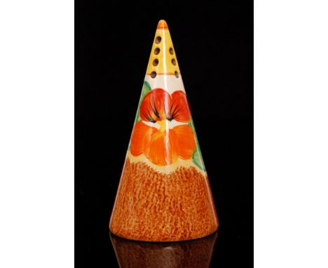 Clarice Cliff - Nasturtium - A Conical sugar shaker circa 1932 hand decorated with stylised flowers and foliage over a Cafe a