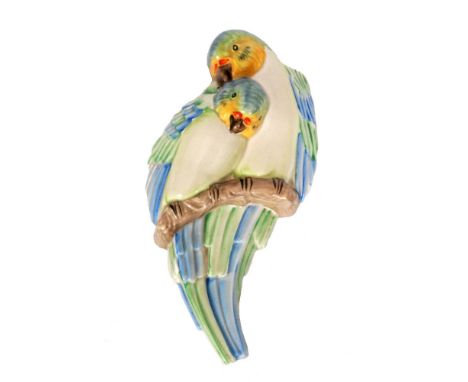 Clarice Cliff - Lovebirds - A wall pocket, model 871, circa 1938 relief modelled as two birds resting to a bough picked out i