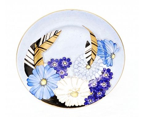 Grays Pottery - Two 1930s hand painted plates, each decorated with large flower heads with abstract gilt foliage against a mo