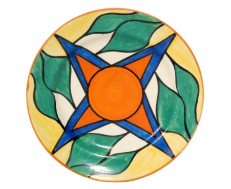 Clarice Cliff - Double V variant - A circular side plate circa 1929 hand painted with a stylised leaf and V design with orang
