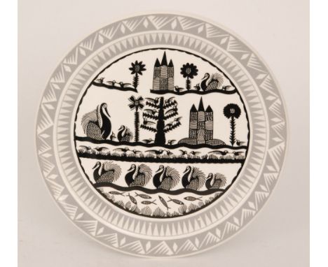 Robert 'Scottie' Wilson - Royal Worcester - A plate decorated in the Birds and Fishes design with a stylised silhouette patte