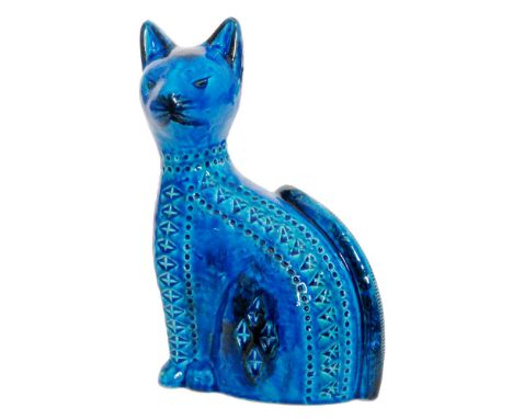 Aldo Londi - Bitossi - A Rimini blue model of a seated cat with carved and impressed bands of pattern, unmarked, height 29cm