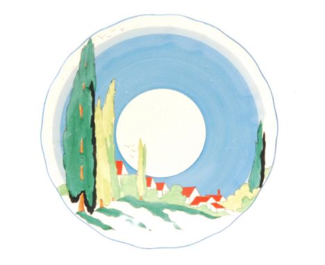 Clarice Cliff - Clovelly - A large wave rim wall plaque circa 1938 hand painted with a Mediterranean coastal landscape with r