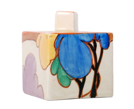 Clarice Cliff - Blue Autumn - A shape 458 inkwell circa 1932 of square section, complete with circular cover, hand painted wi