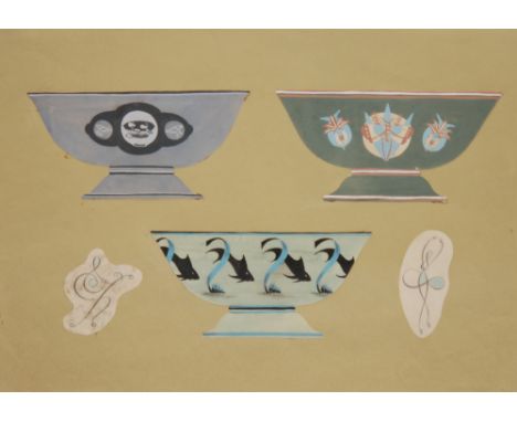 Robert Ellis Williams for J & G Meakin - A framed sketchbook page with three designs for bowl and two designs of musicians in