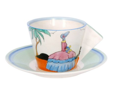 Clarice Cliff - Applique Idyll - A conical cup and saucer circa 1930 hand painted with a Crinoline lady to a garden setting w
