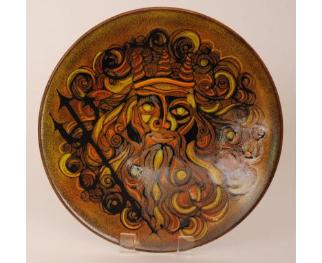 Laura J Wells - Poole Pottery - A shape 54 Aegean charger decorated with a Neptune's head with stylised curled hair with a bl