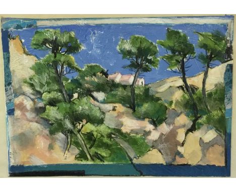 20th century mixed media study in the manner of Cezanne, a mountainous landscape with trees. Signed lower left. Framed. Overa