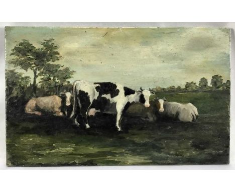 19th century naive oil on panel, a group of cows, 13x21cm, unframed.
