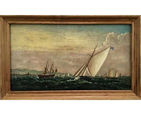 English School 19th century, oil on canvas, seascape with gaff rigged sailing vessels racing off the coast, in pine frame, 25