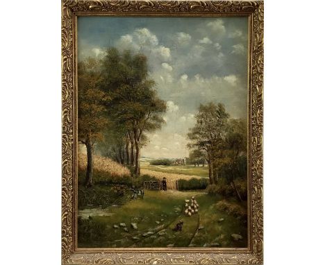 After Constable, oil on canvas, Figure, sheep and dog before a cornfield, 41 x 30cm, and another painting, oil on canvas, of 