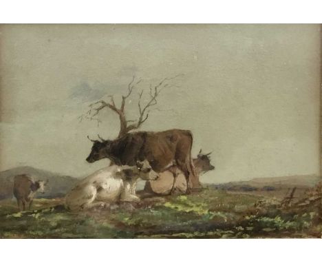 Four miniature works on paper, including Attributed to Thomas Sidney Cooper (1803-1902) watercolour, cattle and tree, 7.5 x 1