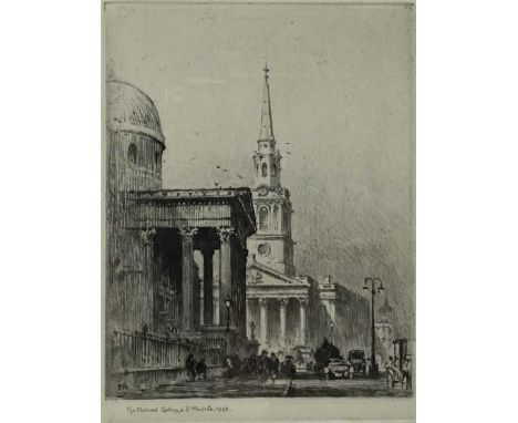 Percy Robertson R.E, British 1868-1934. Etching, initialed and titled titled lower left “The National Gallery &amp; St Martin