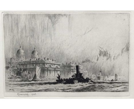 Percy Robertson R.E, British 1868-1934. Etching, initialed and titled titled lower left “Greenwich, 1926”. In black ebonised 