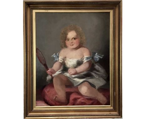French School, 19th century, oil on canvas - portrait of a young girl holding a hand mirror, 63cm x 50cm, in gilt frame