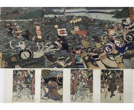 19th century Japanese woodblock print. Possibly Tsukioka Yoshitoshi, 1839-92. A triptych showing a scene of soldiers crossing