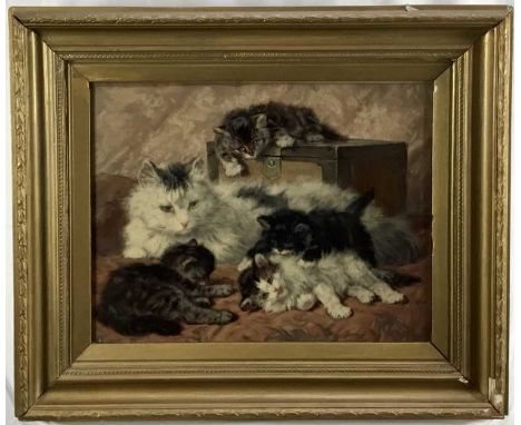 Early 20th century Pears print of happy mother and four kittens. By Henriette Ronner-Knip (Dutch 1821-1909). Gilt frame. 34.5