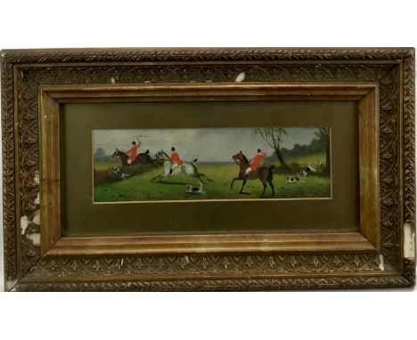 Philip H. Rideout (1860-circa 1920) oil on board, Tally Ho..A fox hunting scene, signed and indistinctly dated, 8.5 x 27cm, g