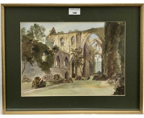 19th century watercolour architectural study, Tintern Abbey, label to verso “Written on reverse of painting - 11th July 1844,