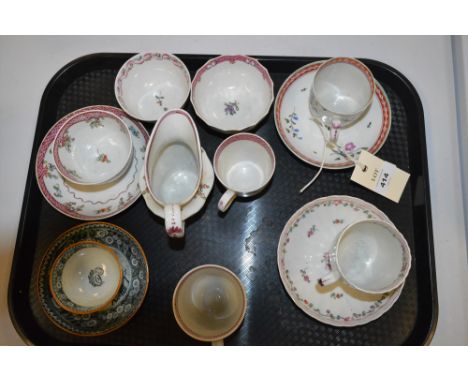 Newhall milk jug pattern 173; two Newhall coffee cups and saucers; and a pearlware tea bowl and saucer.